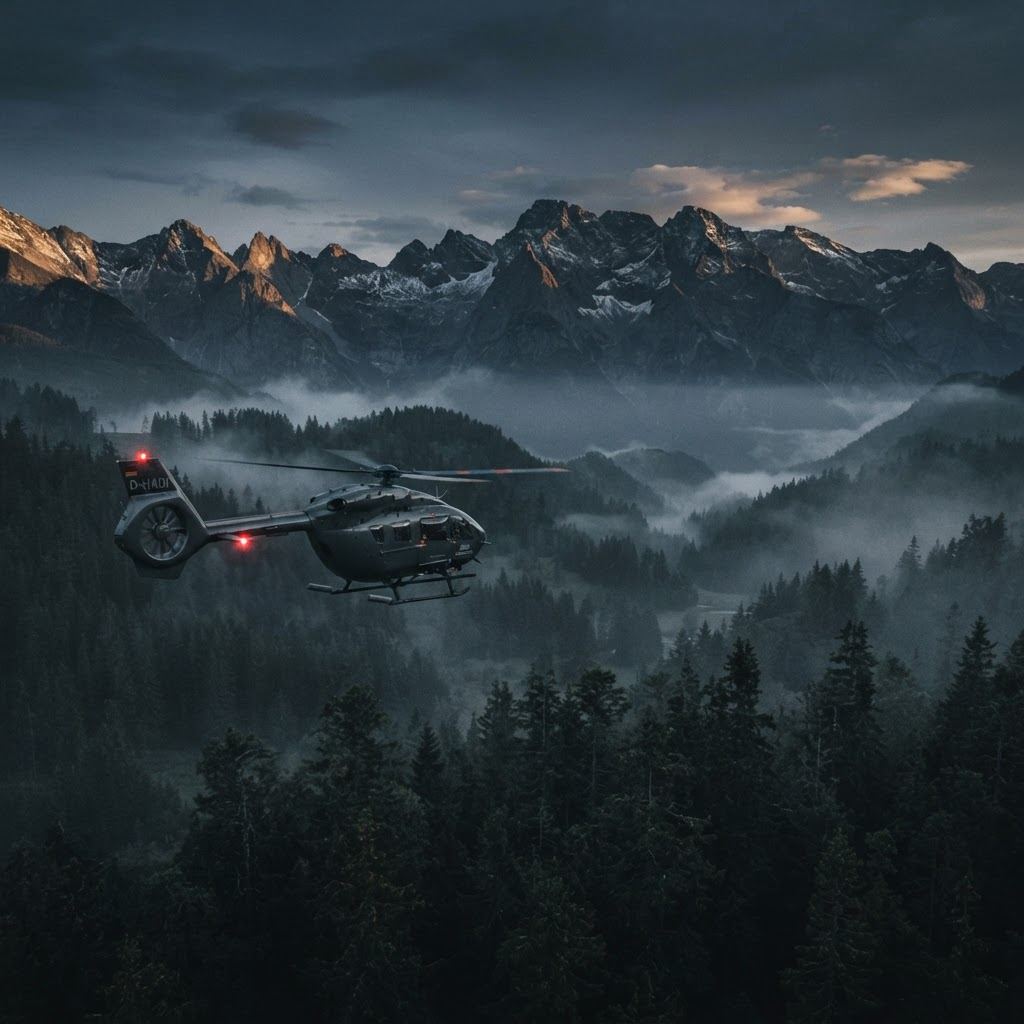 Utility helicopter flying low over misty forest and mountains at dawn